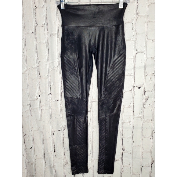 SPANX black faux leather moto ribbed biker edgy high rise shapewear leggings - Picture 2 of 7